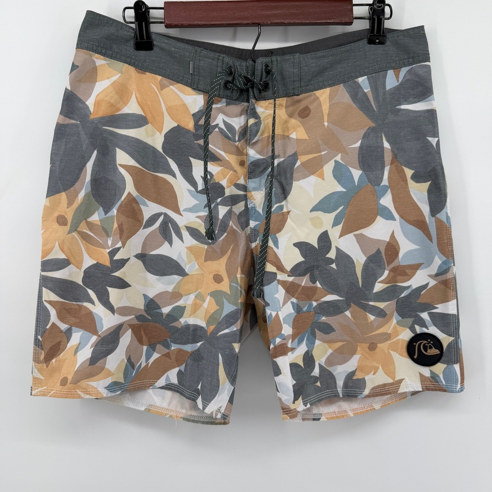 Quiksilver Highline Board Shorts Mens 32 Tan Brown Floral Hemp Stretch Swim